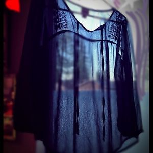 Sheer black boho L peasant top with cuffed sleeves